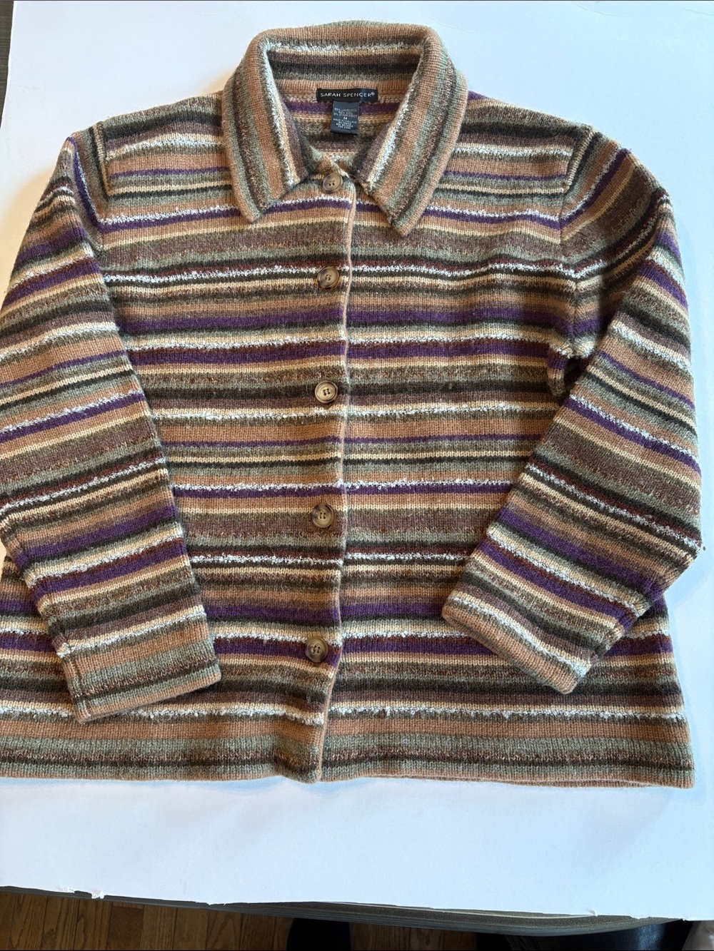 Sarah Spencer Striped Knit Button-Front Jacket in Brown, Purple & Cream